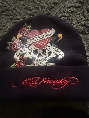 Ed Hardy Black Beanie with Red Script and Multicolor Heart Skull